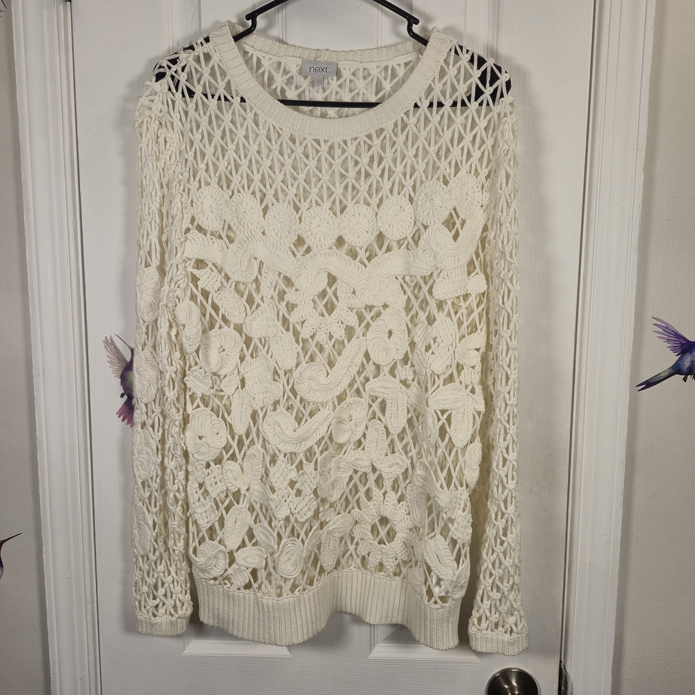 Next White Boho Chic Intricate Floral Crochet Knit Open Weave Sweater Size L